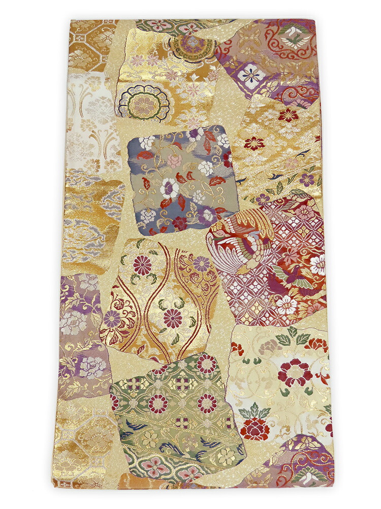【中古】美品　六通柄　袋帯　色紙散らし文様／薄黄色｜きものＬｉｆｅ