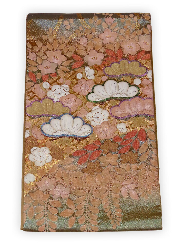 誂え流れ　未使用品　辻が花文様　お太鼓柄　袋帯／くすんだ金