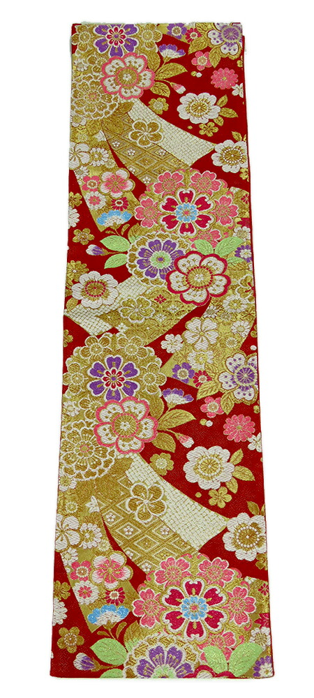 【中古】美品　振袖用　六通柄　袋帯　熨斗華文／赤・金