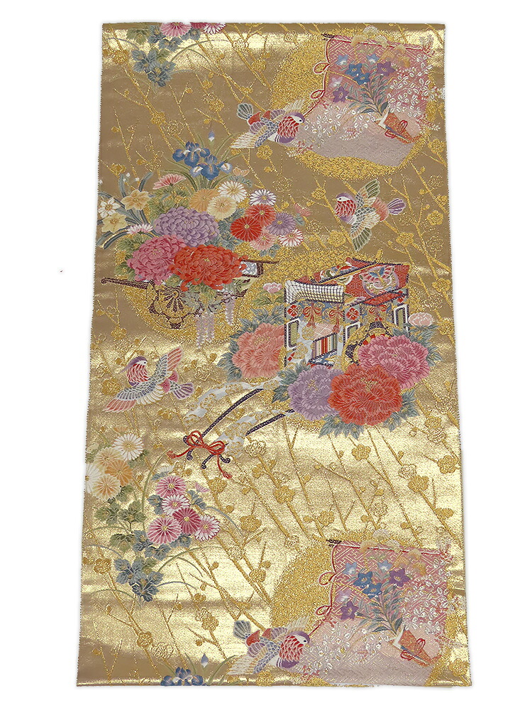 【中古】美品　長嶋成織物　六通柄　袋帯　本金箔　迎春御車丸文　金地