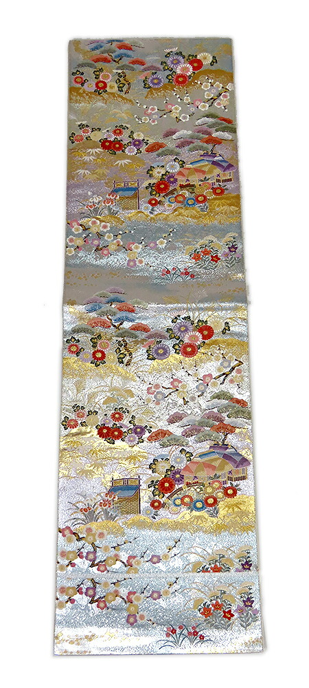 【中古】美品　長嶋成織物　六通柄　袋帯　四季茶屋辻文　銀地