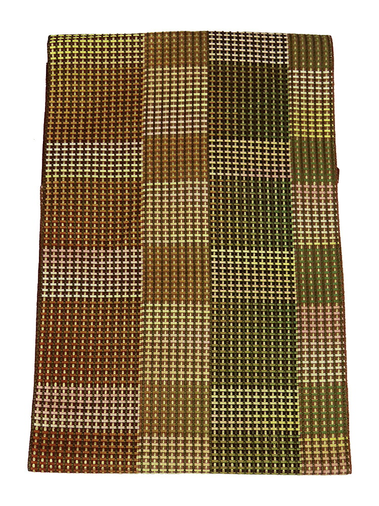 本場筑前博多織　紋八寸名古屋帯　市松格子文様　茶・オリーブ系　【中古】美品