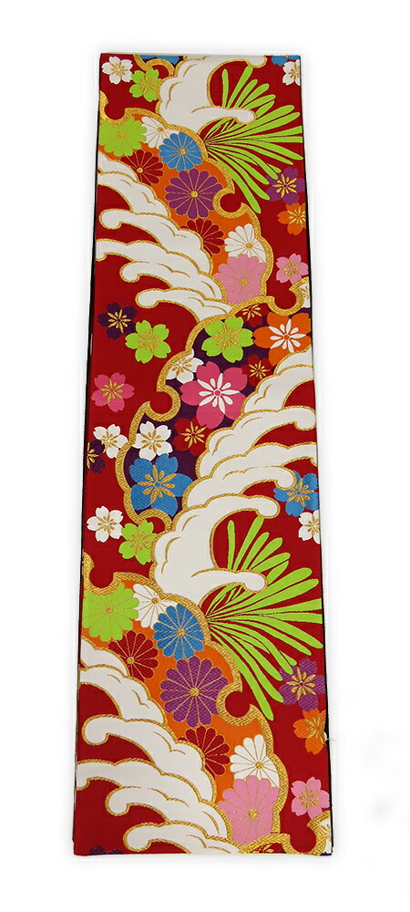 【中古】美品　振袖用　六通柄　袋帯　波華文様　赤地