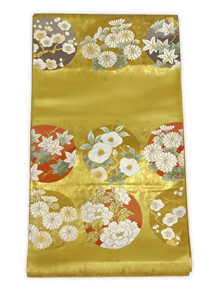 引箔　六通柄　袋帯　丸花文様　辛子～金色【中古】