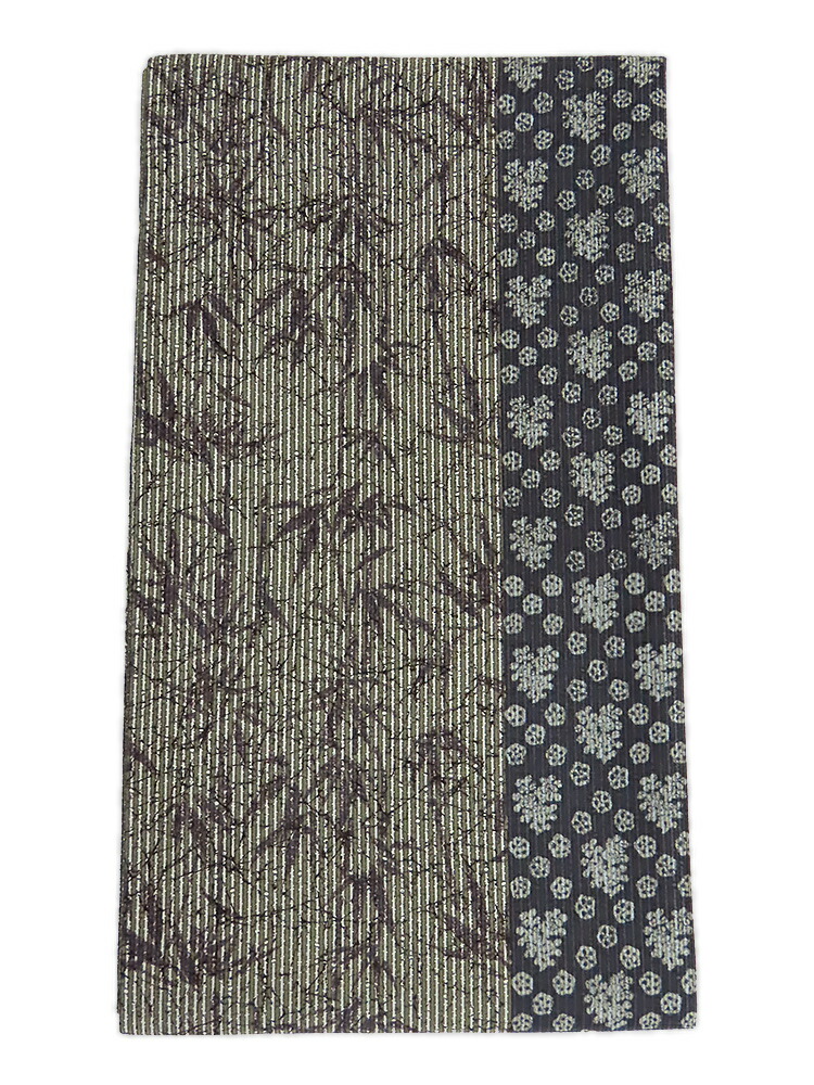 誂え流れ　未使用品　紬風　全通柄　しゃれ袋帯　竹笹・梅花文様　濃紺・草色