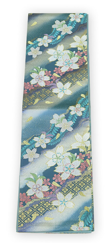 【中古】美品 振袖用 六通柄 袋帯 桜花文様／青色・薄墨色系 レディースファッション-帯
