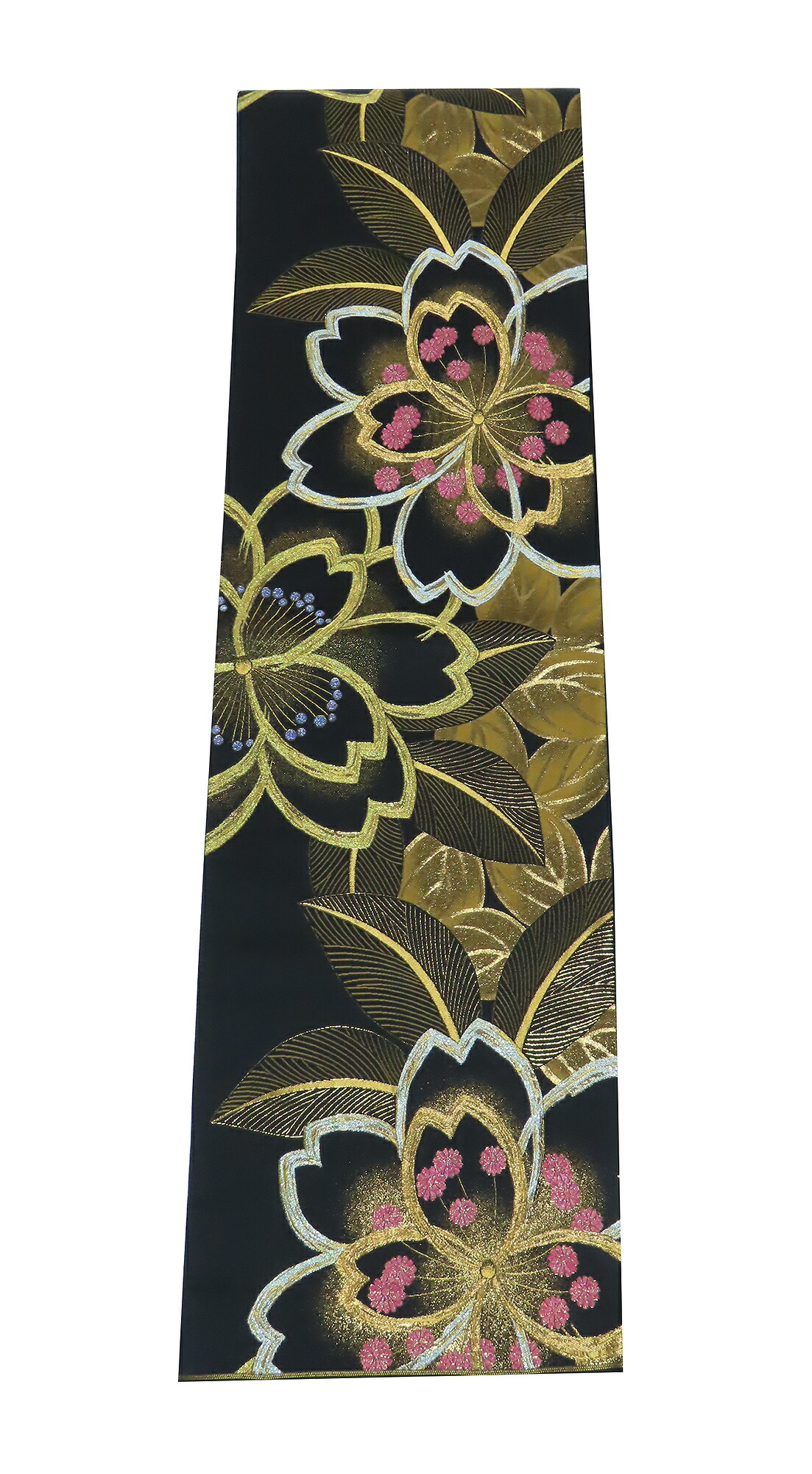 袋帯　振袖用　桜柄　黒　金　銀　全通柄　436cm　【中古】美品　b3902375-3566rym