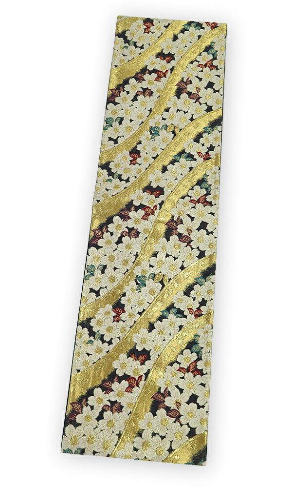 【中古】美品　振袖用　六通柄　袋帯　桜花文／墨色・金