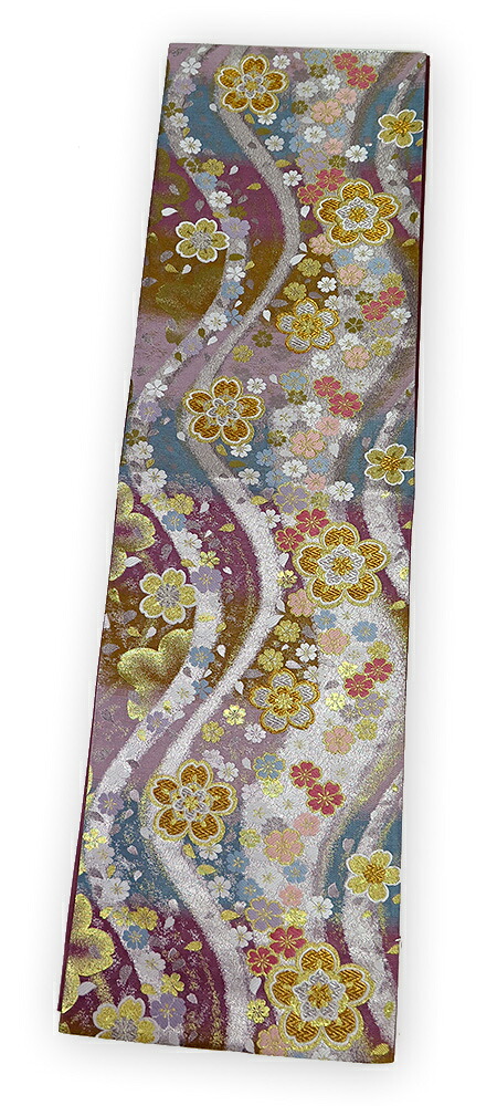 【中古】美品　振袖用　六通柄　袋帯　桜花文様／ピンク・ブルー｜きものＬｉｆｅ 7,546円