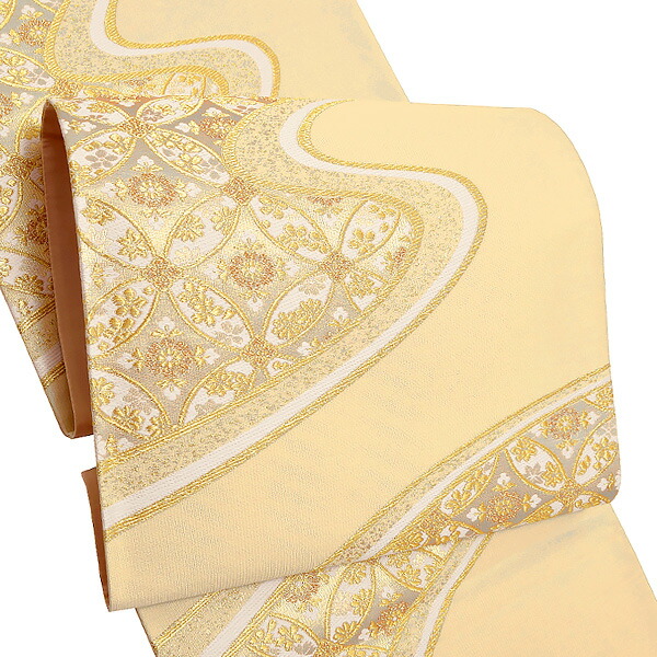 本袋帯　七宝繋ぎ花菱文　フォーマル　白地　正絹　美品パステルカラー 本袋帯 七宝繋ぎ花菱文 フォーマル 白地 正絹 美品パステル