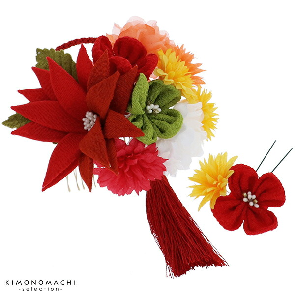 【Prices down5】【髪飾り　成人式　卒業式】振袖 髪飾り2点セット「レッド　赤色　お花、房飾り」お花髪飾り コーム髪飾り 振袖髪飾り フラワーコーム （4005）＜H＞【メール便不可】 ヘアアクセサリーss2512wkk25