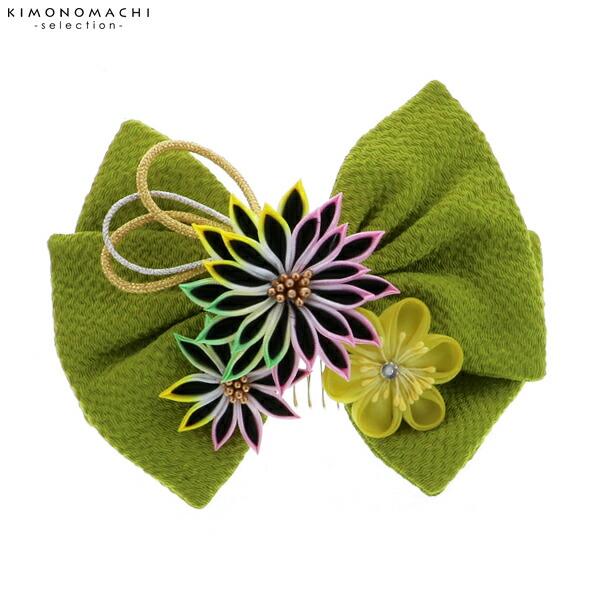 楽天市場 リボン 髪飾り単品 抹茶色のリボン つまみのお花 金銀の紐飾り 袴髪飾り 十三詣り 卒業式の袴にも 振袖髪飾り コーム髪飾り Te18 02 H メール便不可 京都きもの町