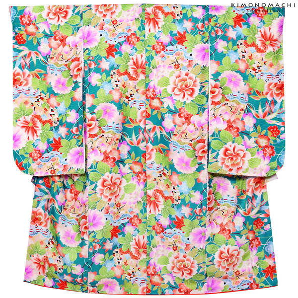 【Prices down5】式部浪漫　ブランド　七五三 四つ身「青緑色　扇 古典花柄」Shikibu Classic　七五三　女の子　四つ身　七五三祝い 【メール便不可】｜京都きもの町