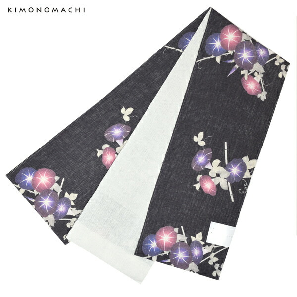 【Prices down2】麻 半幅帯「黒色　朝顔」浴衣帯 小袋帯 夏帯 日本製 ＜H＞【メール便不可】ss2603oyk45