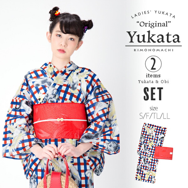 楽天市場 浴衣 セット 2点セット 赤 青チェック 猫とオウム レディース レトロ サイズ S F Tl Ll 女性 変わり織り 猫 鳥 オウム チェック 格子 赤 レッド 青 ブルー メール便不可 京都きもの町
