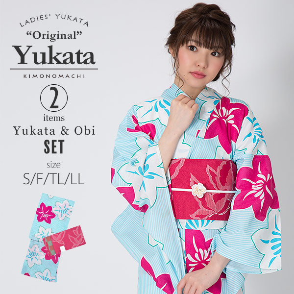 【Prices down2】KIMONOMACHI 浴衣セット「水色　鉄線」S,F（フリー）,TL,LL 女性浴衣セット 京都きもの町オリジナル レディース 【メール便不可】ss2603ykl20