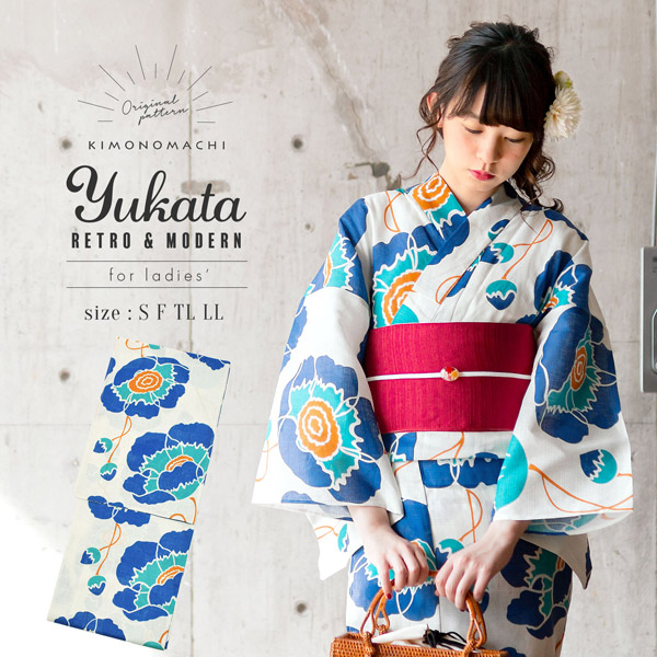 楽天市場】浴衣 レディース 単品「レトロフラワー ブルー」3L/4L