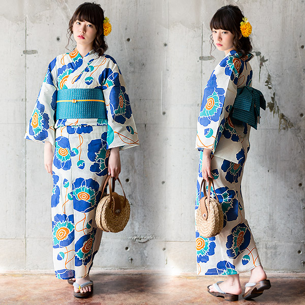 楽天市場 浴衣大きいサイズ 浴衣 セット レディース 浴衣セット 浴衣3点セット 浴衣 長尺帯 下駄 浴衣 レトロフラワー ブルー 帯 ブラック おまかせ下駄 サイズ3l 4l メール便不可 京都きもの町
