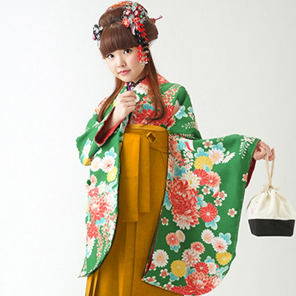 楽天市場】【中古品】卒業式袴セット 「二尺袖：緑 菊と藤の花+袴
