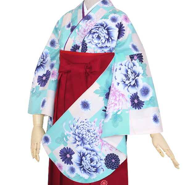 【中古品】卒業式袴セット 「二尺袖：オフホワイト　市松に菊牡丹+袴：赤&times;ぼかし」 貸衣装処分 レンタル処分品 二尺袖 袴 卒業式、謝恩会に 【メール便不可】｜京都きもの町