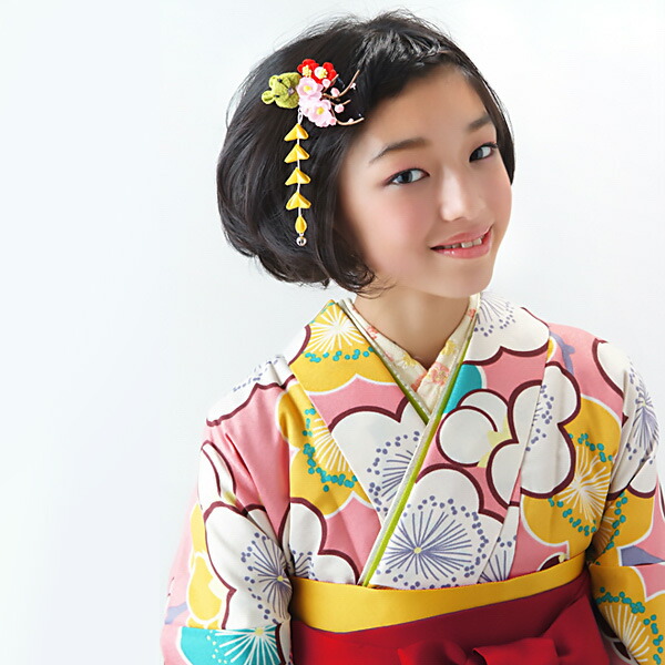 【中古品】卒業式袴セット 「二尺袖：ピンク　梅の花+袴：エンジ×矢絣」 貸衣装処分 レンタル処分品 二尺袖 袴 卒業式、謝恩会に 【メール便不可】ss2603hkm40