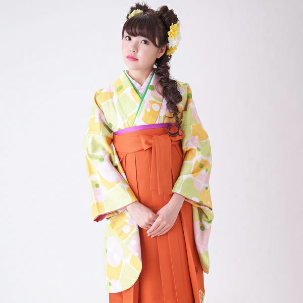【中古品】卒業式袴セット 「二尺袖：パステル格子水玉+袴：橙×菊　刺繍」 貸衣装処分 レンタル処分品 二尺袖 袴 卒業式、謝恩会に 【メール便不可】ss2603hkm20