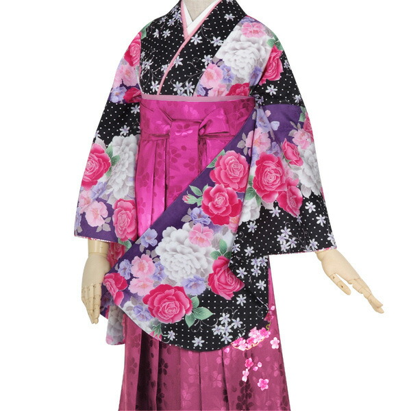 【中古品】卒業式袴セット 「二尺袖：黒×紫　ドットにワインの薔薇+袴：ピンク×ぼかし刺繍」 貸衣装処分 レンタル処分品 二尺袖 袴 卒業式、謝恩会に 【メール便不可】ss2603hkm20