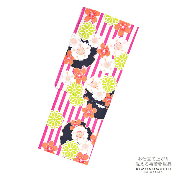 【Prices down2】袷着物 単品 「ピンクストライプ　黒雪輪に桜と菊」 フリーサイズ 着物 小紋 洗える着物 お仕立て上がり 普段着きもの カジュアル着物 レディース ポリエステル 【メール便不可】ss2603kck45