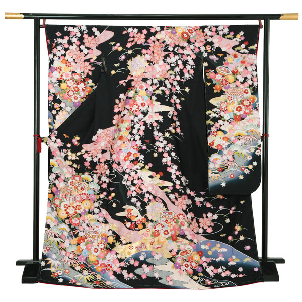 【新古品】お仕立て上がり 振袖単品 「黒地　枝垂桜に貝桶、草花」 振袖 振り袖 成人式 結婚式 結納 パーティー 【メール便不可】ss2512fml10