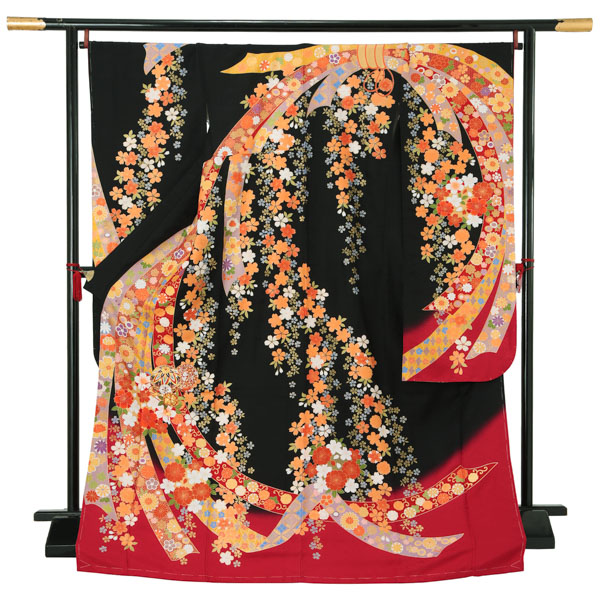 【新古品】お仕立て上がり 振袖単品 「黒&times;赤　束ね熨斗に桜、手毬」 トールサイズ 振袖 振り袖 成人式 結婚式 結納 パーティー 【メール便不可】｜京都きもの町