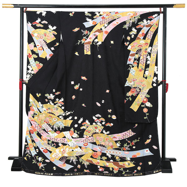 【新古品】お仕立て上がり 振袖単品 「黒地　蔓帯に扇、宝尽くし」 振り袖 着物 レディース 成人式 結婚式 結納 パーティー 晴れ着 【メール便不可】ss2512fml10