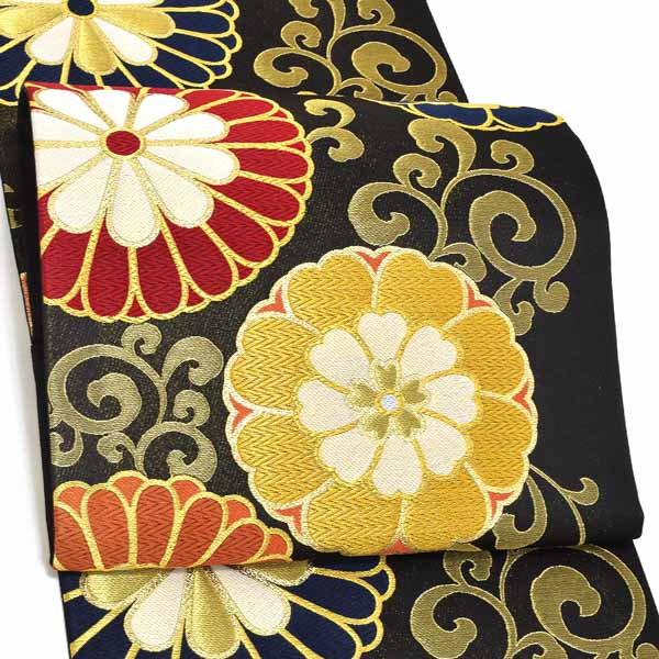 袋帯　未仕立て品　六通　振袖用　黒系　菊　藤　古典　No.62 袋帯 振袖用 成人式の振袖に 西陣織の袋帯 六通 仕立て上がり