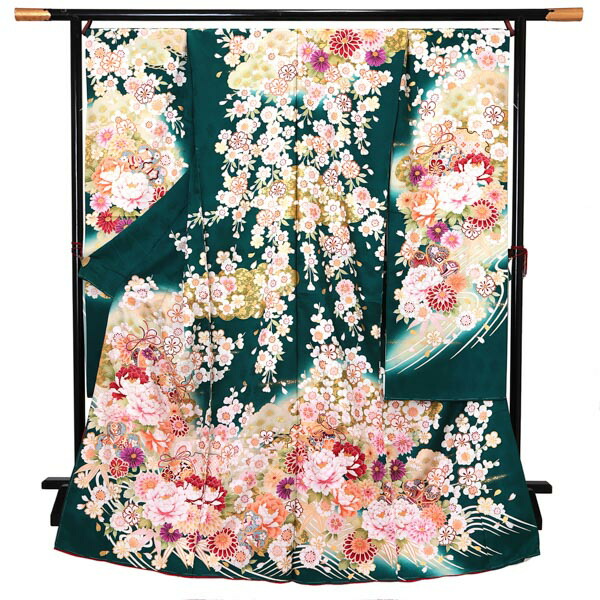 未仕立て 振袖 単品 「花緑青　牡丹、雪輪に鈴」 仮絵羽 振り袖 正絹 着物 レディース 成人式 結婚式 結納 パーティー 晴れ着 【メール便不可】｜京都きもの町