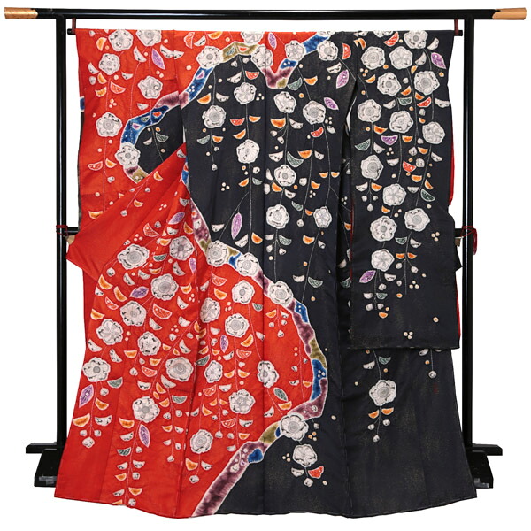 (卒業式応援Point10倍 3/19迄) 未仕立て 振袖 単品「朱色×黒　枝垂れ、辻が花」日本製 仮絵羽 振り袖 正絹 着物 レディース 成人式 結婚式 結納 パーティー 晴れ着【メール便不可】 484,000円