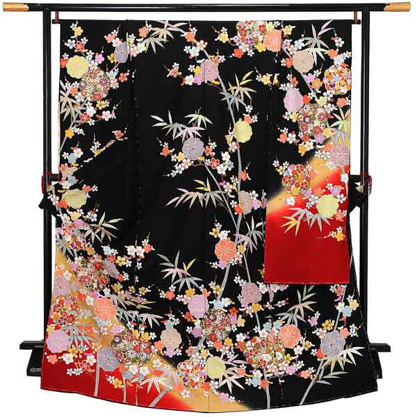 (卒業式応援Point10倍 3/19迄) 未仕立て 振袖 単品「黒地　八重梅に竹」日本製 仮絵羽 振り袖 正絹 着物 レディース 成人式 結婚式 結納 パーティー 晴れ着【メール便不可】