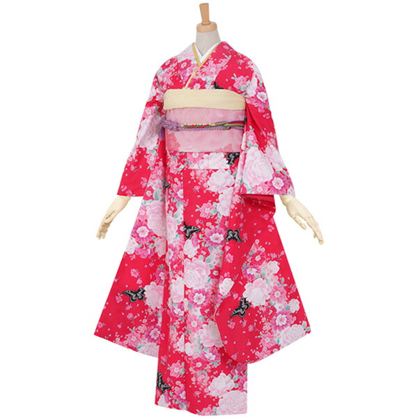 【中古品】仕立て上がり 振袖 「ローズピンク　薔薇と蝶」貸衣装処分 レンタル処分品 【メール便不可】｜京都きもの町