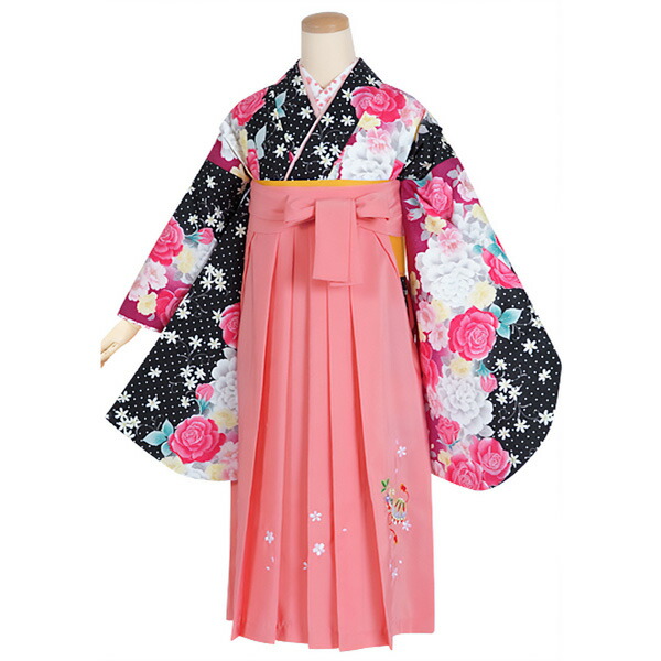 【中古品】ジュニア用 振袖単品「黒×赤紫　ドットにピンクの薔薇」仕立て上がり 小振袖 着物 子ども 子供 キッズ ジュニア 女の子 卒業式 小学校 小学生 中学校 中学生 十三参り 十三詣り 1/2成人式 ハーフ成人式 貸衣装処分 レンタル処分品 【メール便不可】ss2603kkd10