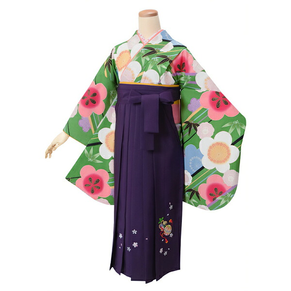 【中古品】ジュニア用 振袖単品 ショート丈 「緑　斜め縞に笹梅」仕立て上がり 小振袖 着物 子ども 子供 キッズ ジュニア 女の子 卒業式 小学校 小学生 中学校 中学生 十三参り 十三詣り 1/2成人式 ハーフ成人式 貸衣装処分 レンタル処分品 【メール便不可】ss2603kkd10