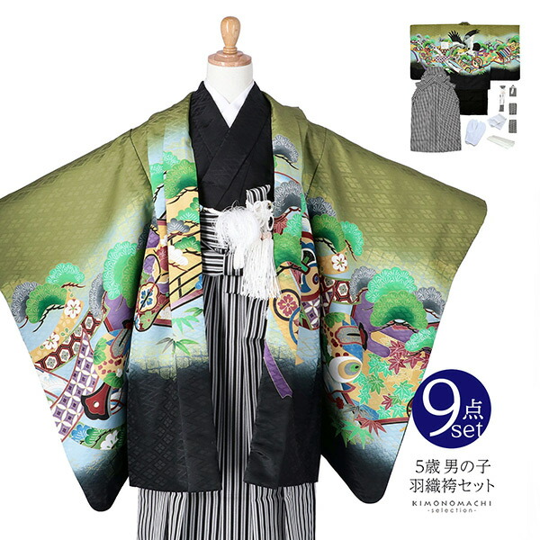 七五三五歳‼️美品❤️着物未使用しつけ糸付き‼️羽織豪快鷹金彩金箔煌びやか輝く‼️ 七五三 着物 5歳 男の子 正絹 刺繍入り 豪華絢爛 羽織 着物