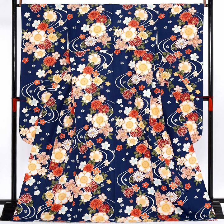 【中古品】仕立て上がり 振袖「流水に桜と菊 濃青色」貸衣装処分 レンタル処分品 成人式【メール便不可】｜京都きもの町 10,476円