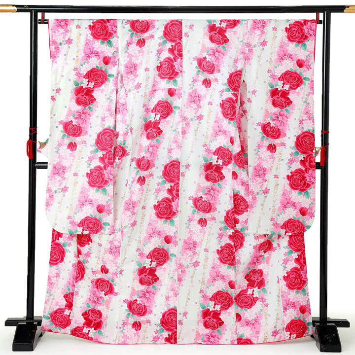 【中古品】仕立て上がり 振袖「斜め縞　薔薇と小花　象牙色地にピンク」貸衣装処分 レンタル処分品 成人式【メール便不可】｜京都きもの町