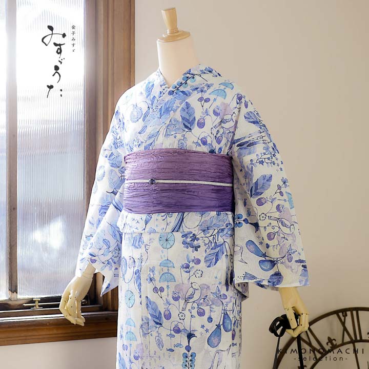 ブランド金子みすゞ 上品な大人の金魚柄綿絽単衣お着物 浴衣 絞り帯