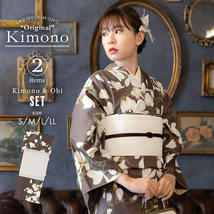 洗える着物 セット「袷着物：白木蓮 加加阿色＋京袋帯：献上鳥更紗」KIMONOMACHI オリジナル きもの福袋 サイズS/M/L/LL 2025-2026新作 コーディネート済み着物セット 小紋 レディース キモノ【メール便不可】