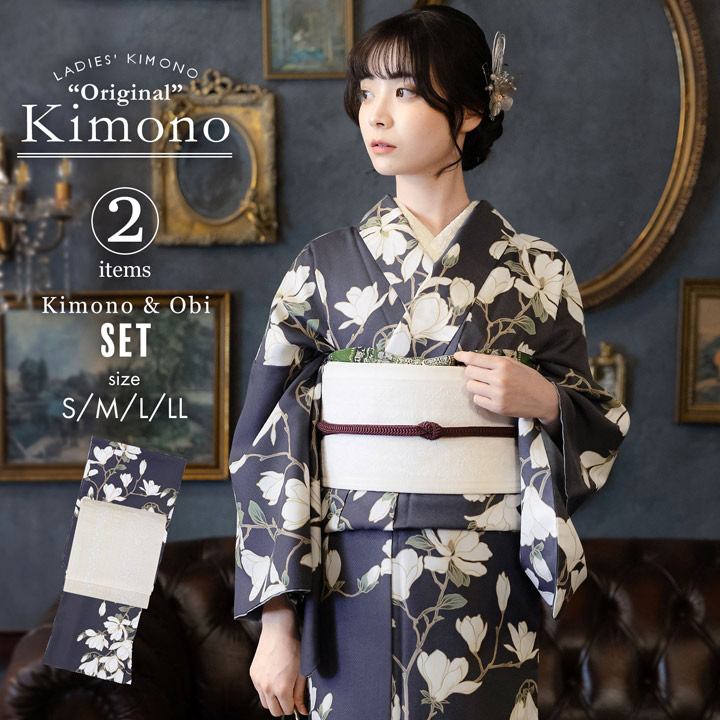 洗える着物 セット「袷着物：白木蓮 藤墨色＋京袋帯：献上鳥更紗」KIMONOMACHI オリジナル きもの福袋 サイズS/M/L/LL 2025-2026新作 コーディネート済み着物セット 小紋 レディース キモノ【メール便不可】