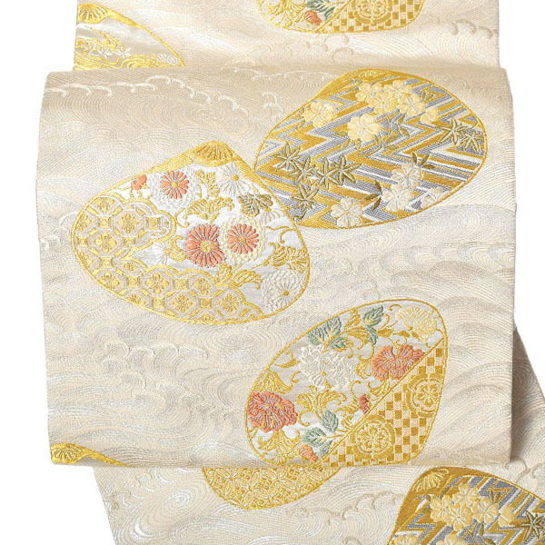 【中古品】仕立て上がり 袋帯 「象牙色　銀　波に貝合わせ」 礼装用 【メール便不可】ss2603ofk10