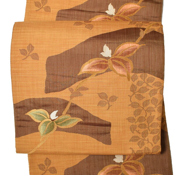 【中古品】仕立て上がり 袋帯 「赤朽葉色地　路に咲く草花」 洒落帯 【メール便不可】ss2603ofk10