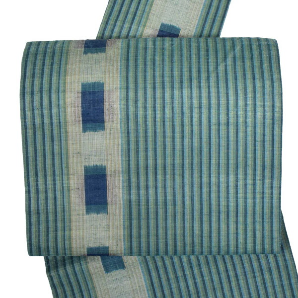 【中古品】仕立て上がり 九寸名古屋帯 「青緑　縞に十字絣」 上布 【メール便不可】ss2603ong10