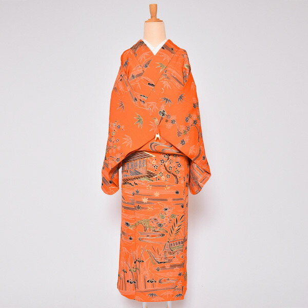 楽天市場】【中古品】仕立て上がり 袷着物 「紅唐色 露芝の地紋
