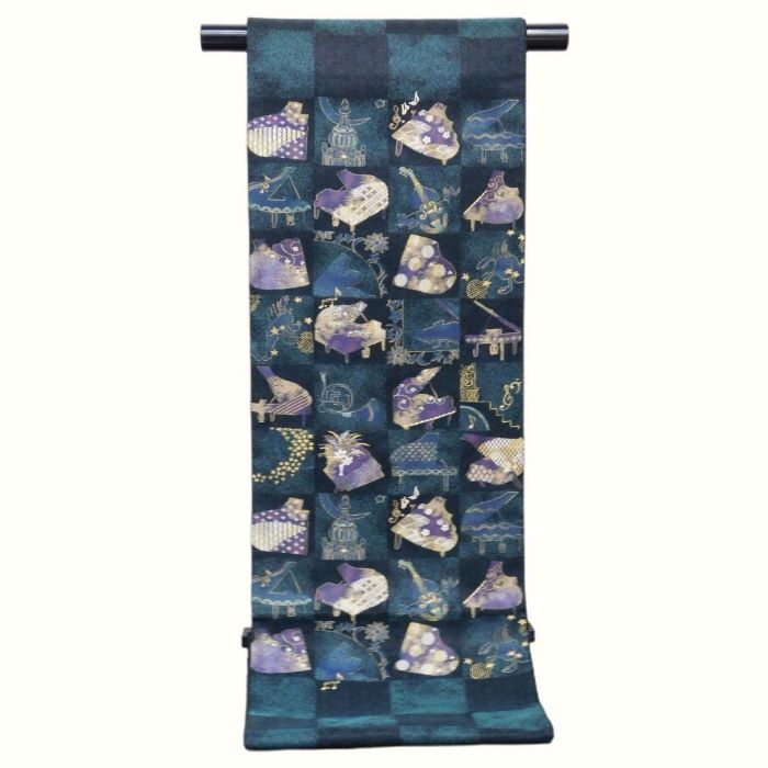袋帯 【未仕立て新品・仕立て付き】 未使用 未仕立て 新品 楽器柄 ピアノ柄 楽器 帯 着物 和服 和装 西陣 高級袋帯 グリーン グレー パープル カジュアル 高級 最高級 レディース 音楽会 音楽 音符 チェンバロ チェロ チューバ コンサート クラシックコンサート パーティー
