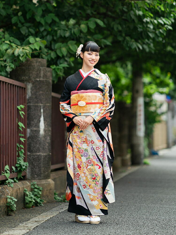 【レンタル】 成人式 ご予約受付中■ 振袖レンタル 振袖 セット フルセット 黒 古典柄 結婚式 卒業式 高級 友禅 束ね熨斗 品番:k-025|着物レンタル美装館